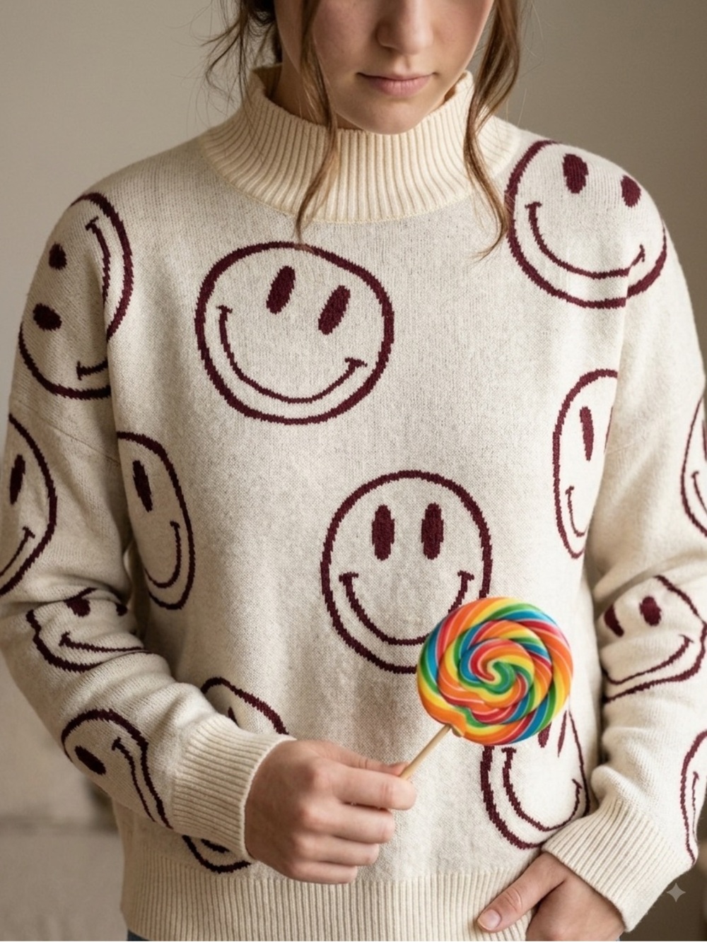 Nikka K Cream W/Burgundy Knit Smiley Face Mock Neck Sweater Hippie Junior Sz XL